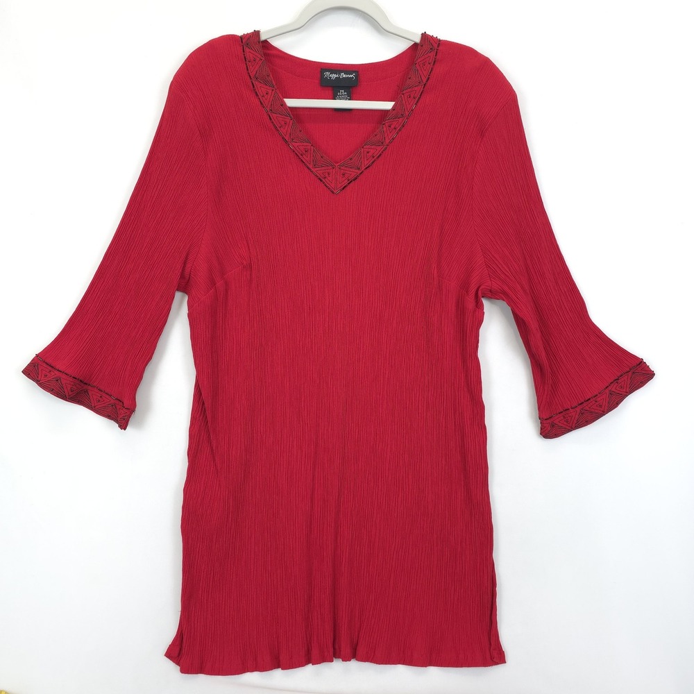 Maggie Barnes Red Textured Tunic Top‎ Women 2X V-Neck Beaded Trim 3/4 Sleeve